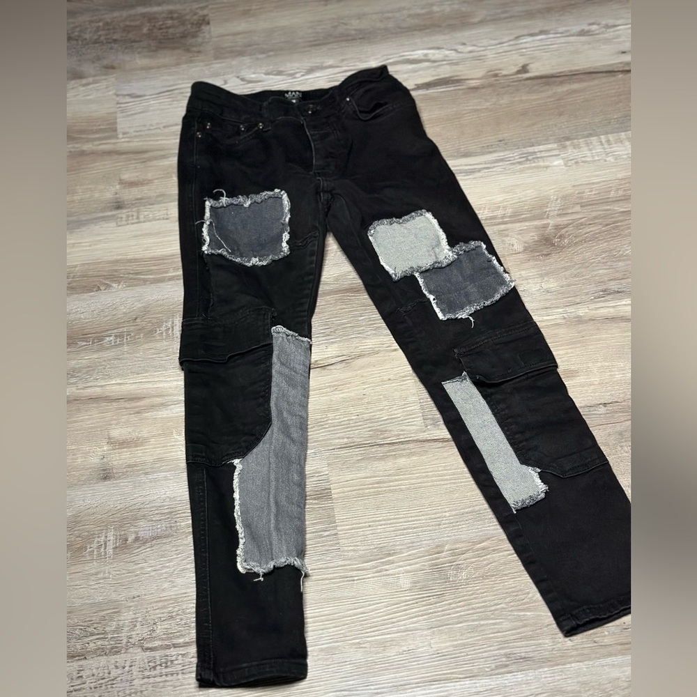 Patchwork black and grey denim jeans pants iman